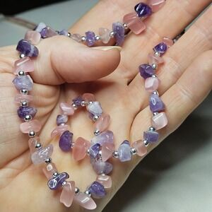 Stone Chip Necklace Womens OS Pink Purple Amethyst Cats Eye Boho Beaded